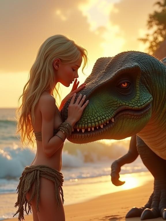 3D Pixar cartoon style. Beautiful blonde jungle warrior on beach beside sleeping giant tyrannosaurus rex. Skin glistening with sweat. Tattered loincloth. Eyes full of affection. Leans in to kiss beast's snout. Fingers brushing over head. Blazing sun casting golden light. Ocean behind roars softly. Vivid shadows and colors. Cinematic and photorealistic.