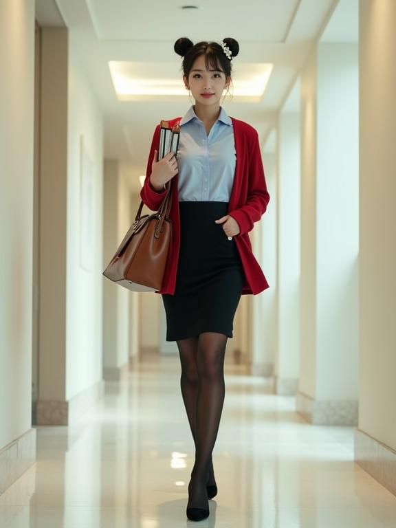 A full-body image of a young East Asian female agent walking gracefully through a modern corridor. She wears a light-blue blouse, a black knee-length skirt, and a red cardigan. Her hair is styled in a neat bun with a small flower hair clip. She carries a stack of intel files and has a brown satchel. The corridor features off-white walls and an ambiant background.