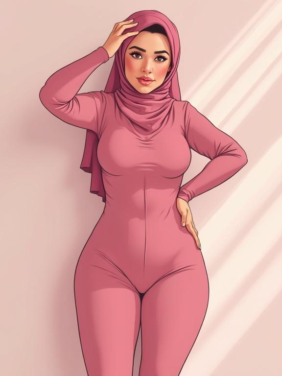 Illustration of a confident woman in a pink bodysuit and hijab. Curvy figure with wide hips and thick thighs. Standing against a wall looking at the viewer. One hand on hip and one hand on head.