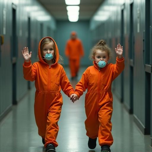 Two children wearing orange jumpsuits walk in a jail corridor. They are holding hands and waving. The scene shows their playful interaction. A third figure is in the background. Soft lighting creates an everyday atmosphere.