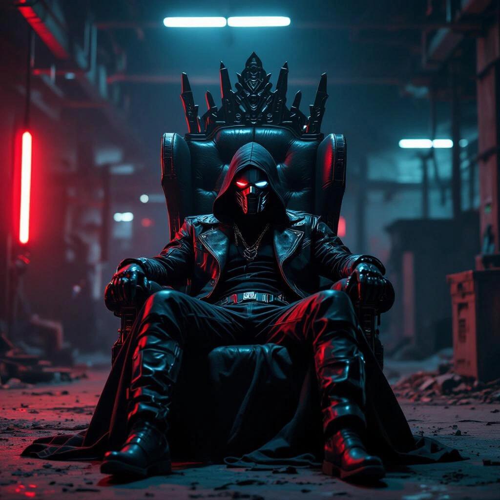 Portrait shot of a masked man in a crumbling tech warehouse. Impressive throne in the background. Dark ambiance with red and blue lighting. Man lounges wearing leather cyberpunk clothing.