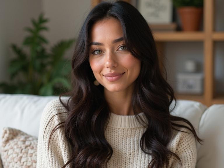 Ultra-realistic portrait in a cozy Scandinavian-style living room. Soft morning natural light. Warm wood shelves and minimalistic furniture. Indoor plants and neutral throw pillows. Olive skin and soft freckles with sharp green eyes. Long dark wavy hair. Cozy sweater and relaxed pose. Photorealistic skin texture with cinematic softness.