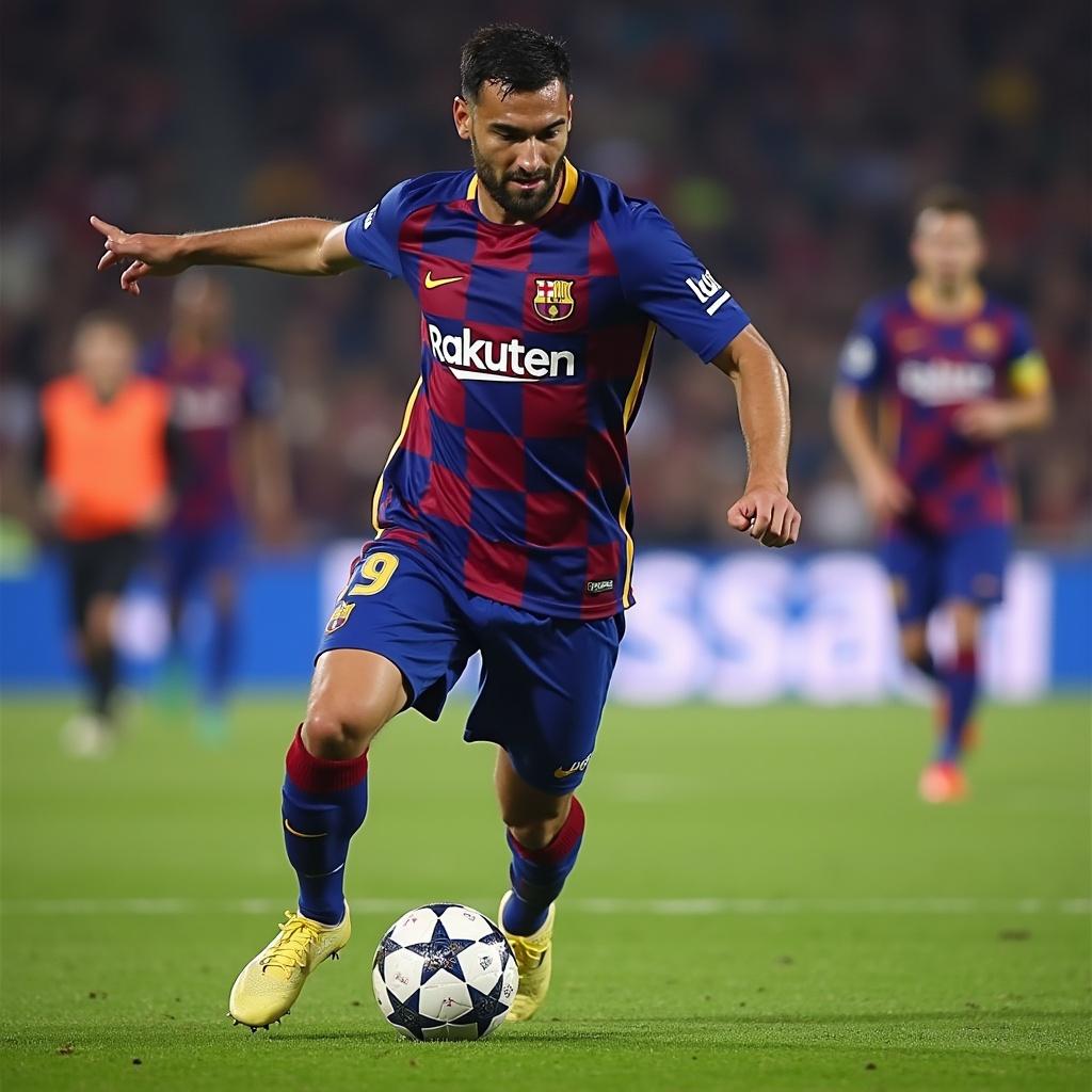 Soccer player in Barcelona kit in motion. Bright stadium background. Player wearing number 9. Action shot during a match.