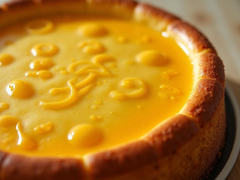 High definition closeup of a cheesecake with a glossy yellow surface. It looks rich and creamy. The cheesecake has a golden brown crust and is beautifully presented. The lighting highlights the dessert's details and texture.