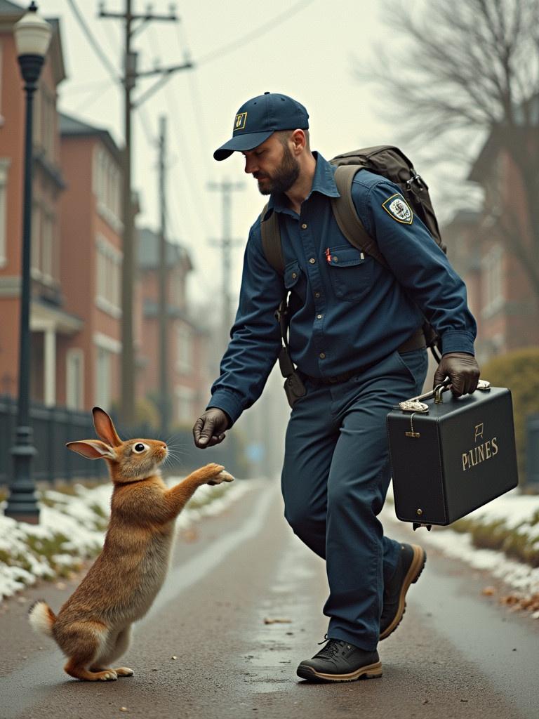 A mailman interacts playfully with a rabbit. It is a whimsical scene set on an urban street. The mailman is in a uniform and carrying a briefcase. The rabbit stands on its hind legs, engaging with the mailman. The atmosphere is calm and slightly foggy with snow on the ground.