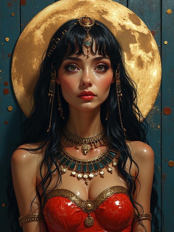 Portrait of a woman styled as Cleopatra with wet look. Background features a large moon. Art showcases mixed media techniques.