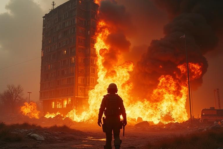 Wide-angle shot of a hospital explosion. Flames and smoke fill the air. Glass shards and debris scatter. A fighter girl in tactical gear stands at a distance. Her silhouette is highlighted by the flames. The burning building roars with noise. The sky is dark and smoky. The scene conveys intensity and urgency.