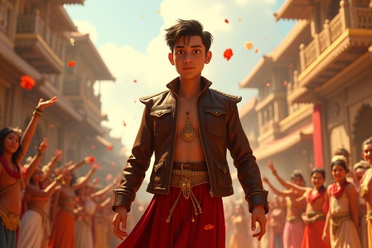 A 3D animated heroic character in a cinematic scene. Aranyak stands in the center with villagers cheering and showering him with flowers. Arohi smiles from a balcony. Bright daylight fills the celebration-filled streets.