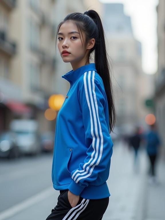 Young woman stands confidently in a blue sports jacket paired with black sports trousers. Long black hair is styled in a ponytail. She wears white sports shoes while posing on an urban street. The background features blurred buildings and a hint of city life.