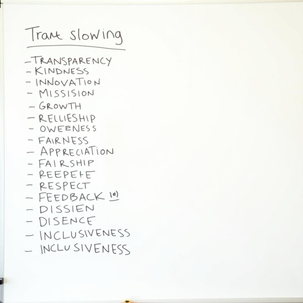 The image showcases a whiteboard filled with important values relevant to a corporate or educational setting. Key concepts include Transparency, Kindness, and Innovation, reflecting principles aimed at fostering a positive environment. Each word is written in black, emphasizing clarity and focus. The background is plain white, enhancing readability. This list serves as a motivational tool for teams and organizations.