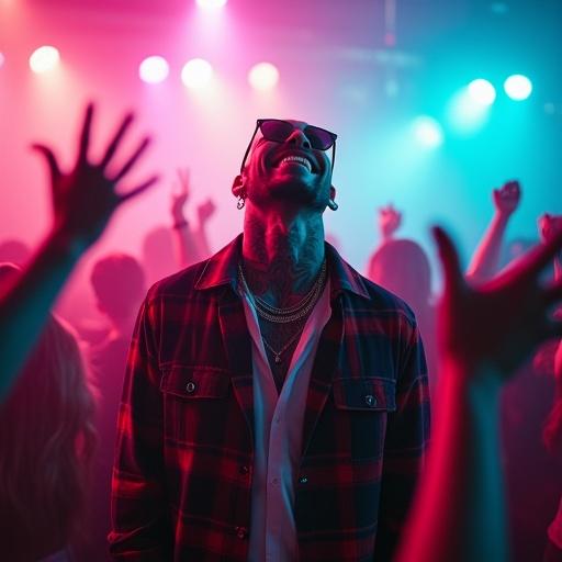 Heavily tattooed man at nightclub center oversized sunglasses head back laughter. Neon pink turquoise lights surreal glow plaid jacket background blurs crowd ecstatic movements. Camera rotates smoothly capturing energy people hands raised sync beat. Atmosphere pulses with euphoria music video surrealism fashion aesthetics. Soft lens flares highlight saturated colors hypnotic rotation immerses viewer joy freedom.