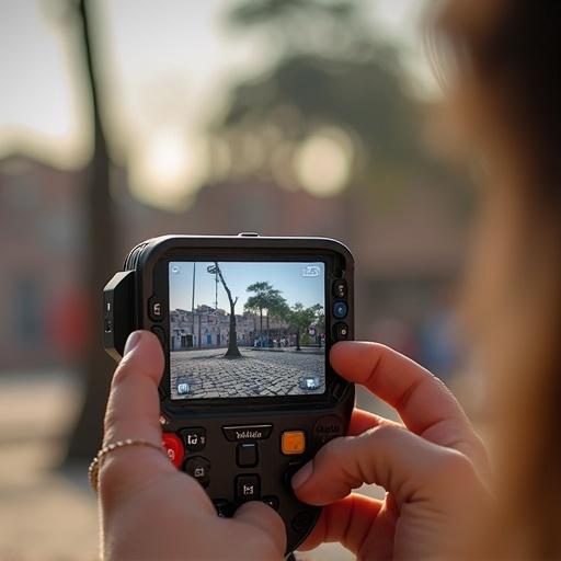 Image of a person holding a camera. The camera screen displays a scene of a tree on a street. The background is softly blurred. Warm lighting creates a cozy atmosphere.