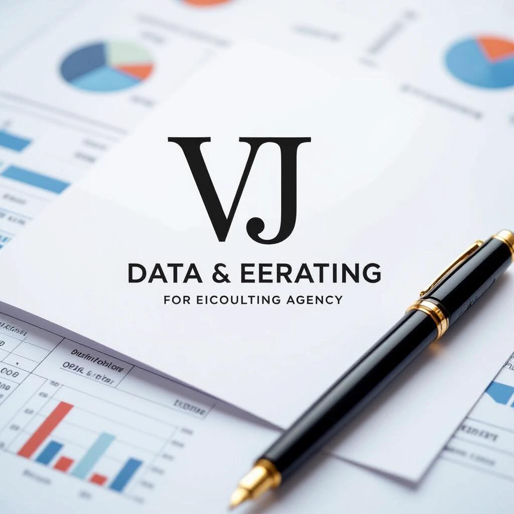 Create a sophisticated and timeless logo design using VJ initials. Logo should balance elegance and innovation. Focus on data analytics and technology with a professional appearance. Logo must use red and gray colors against a black background.