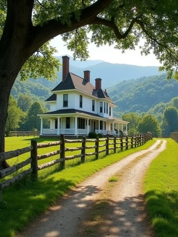 A picturesque rural scene. A two-story white farmhouse sits against rolling green hills. The farmhouse has a steep pitched roof and two prominent brick chimneys. It features a wraparound porch with white columns and dark-framed windows. A dirt path runs alongside a rustic wooden split-rail fence leading to the house. Overhanging branches of a large tree frame the view. Soft morning light bathes the landscape in tranquility.