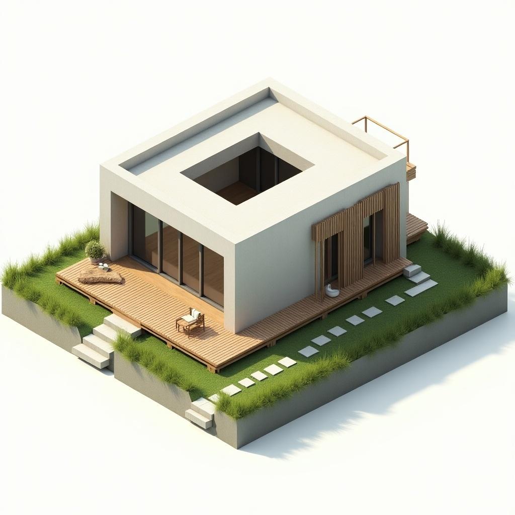 Isometric architectural rendering of modern minimalist house. Rectangular concrete structure with flat roof. Central courtyard cutout. Wooden decking for outdoor seating. Two elevated balconies with glass railings. Long horizontal windows for light. Green lawn and stepping stone walkway. Vertical wooden slats for cladding.