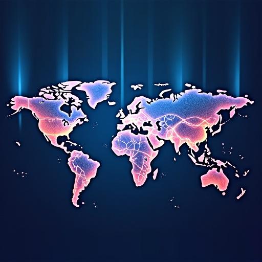 Illustration depicts a global map made of glowing dots. Background shows abstract digital elements and lights. Represents city connectivity and network integration.