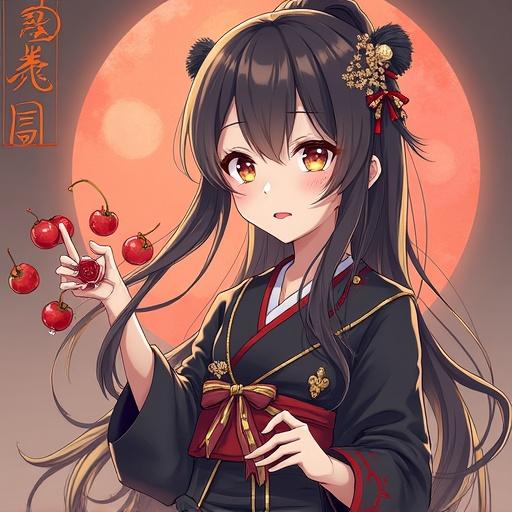 Character with long black hair wearing a traditional outfit holds cherries. Background features a large moon. The style is anime-inspired with vibrant colors and detailed accessories.