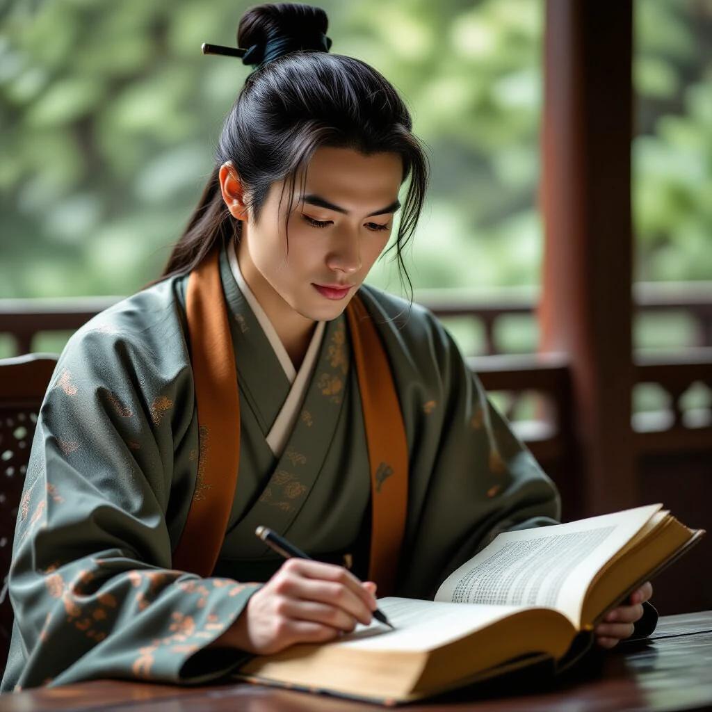 Closeup of an Ancient Young Chinese Scholar reading a book. The setting is tranquil. The scholar wears traditional clothing. Natural light highlights the scene.