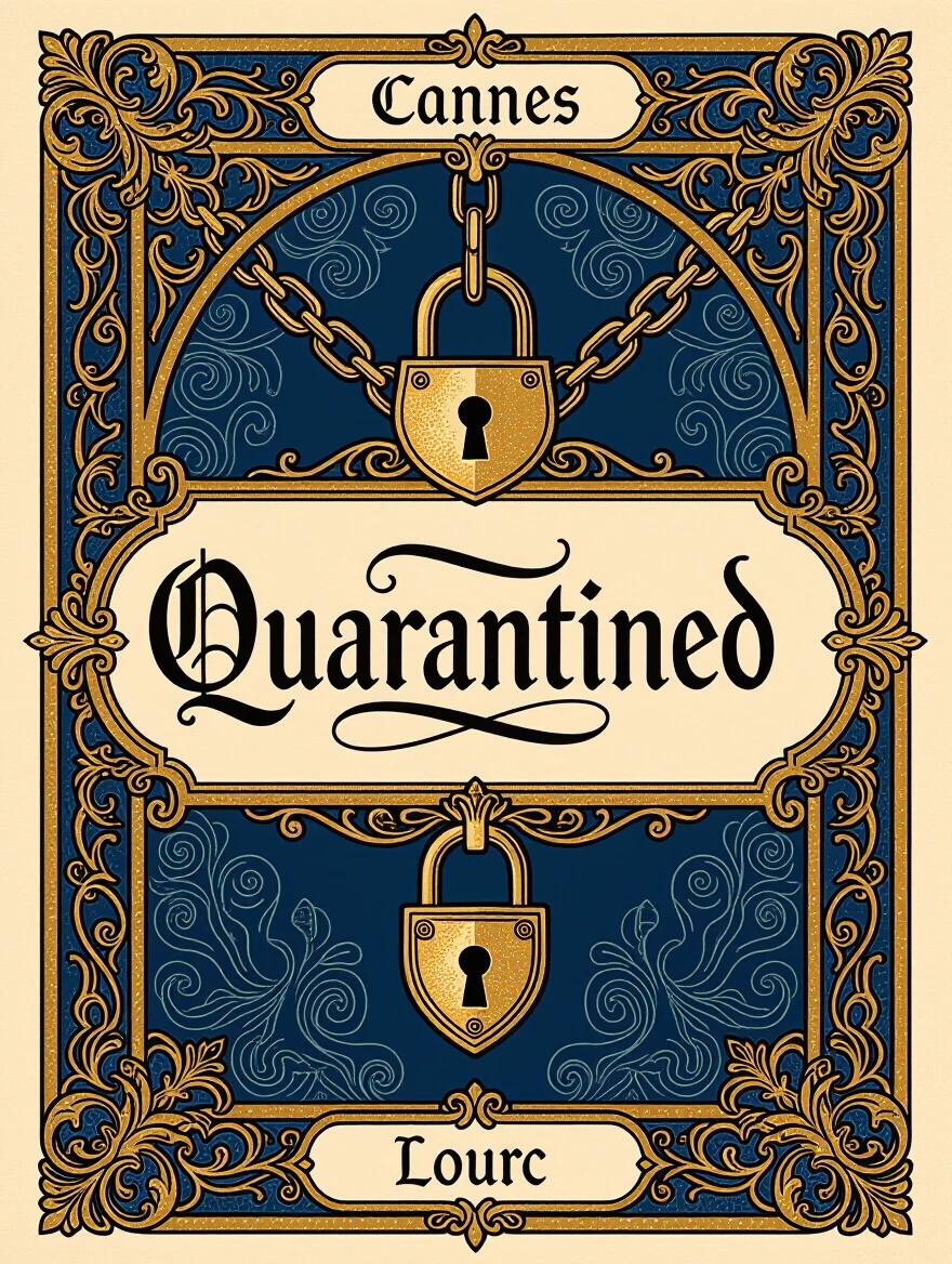 An ornate Art Nouveau style card features the word 'Quarantined' in calligraphy. The color scheme uses dark blue and gold. The tone is ominous. A chain and padlock motif is behind the ornate border.