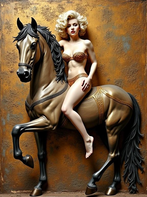 A woman in lingerie rides a stylized horse. The horse is sculpted in bronze and gold. The woman has blonde hair and an artistic style reminiscent of vintage glamor. Intricate details are present throughout the piece, giving it a whimsical and surreal quality.