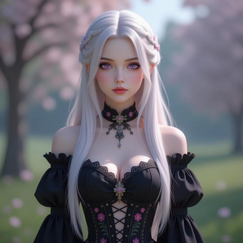 Hyper-realistic CGI rendering of a pale-skinned girl. She has long straight white hair with multi-colored tones. Eyes are vivid purple. Wears an ornate gothic black dress. Background features a romantic outdoor scene during sunset with soft lighting and falling petals.