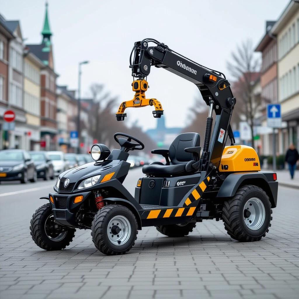 A small vehicle with a crane attached standing in a city street. Urban background with buildings and traffic signs. The vehicle is black and yellow. Crane is functional and detailed.