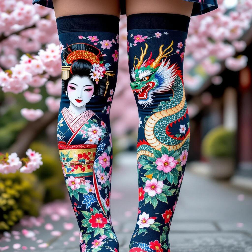 Close-up of thigh-high socks featuring a geisha and dragon with cherry blossoms in vibrant colors. Background includes blooming cherry trees. High definition photograph with artistic focus.