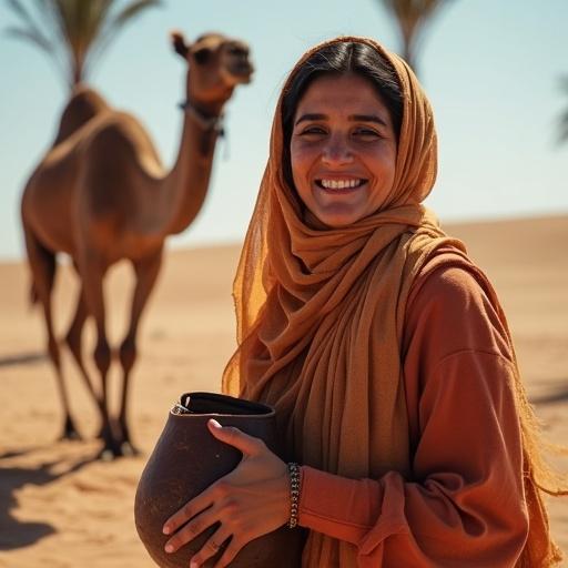 A Moroccan woman fills a leather water pouch in the desert. Her djellaba blows in the wind. Face framed by a scarf. Dark eyes sparkle as she laughs at a passing camel. Sun casts shadows on high cheekbones, freckles dot her nose. Palm trees provide shade. Hands are calloused yet gentle with the pouch. Desert light enhances her features.