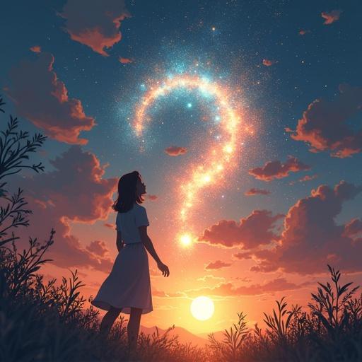 A figure stands in a field during sunset. A glowing question mark, made of stars, appears in the sky. The scene suggests a journey of self-discovery. The style is animation-like.