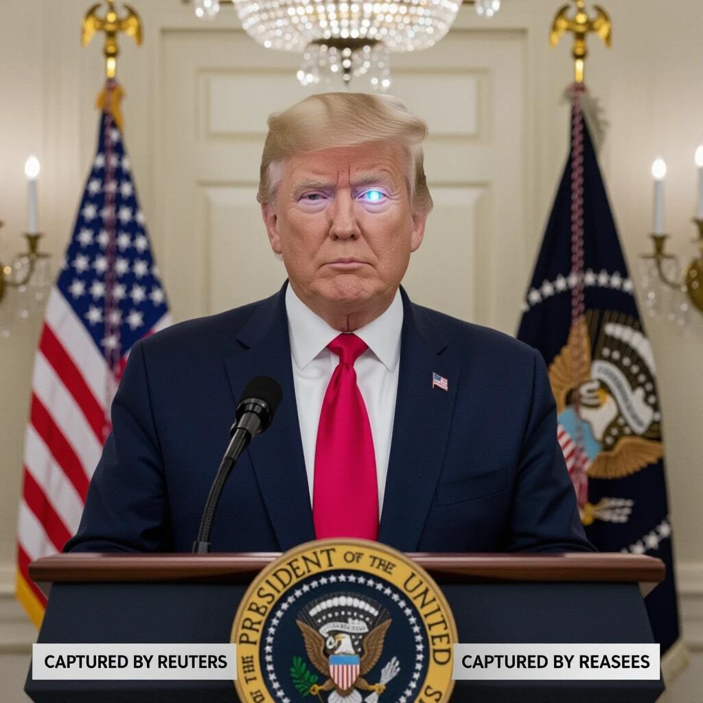 A hyper-realistic image of Donald Trump during a press conference in Washington D.C. Standing behind a podium with the official seal of the President of the United States. Skin appears smooth with a metallic glow under lights. One eye reflects light like a sensor. Close-up angle shows unnatural jaw movement. American flags in the background, official White House decor. Captured in DSLR style with cinematic lighting.