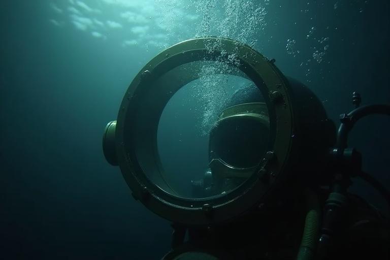 First-person view through a fogged steampunk diving helmet visor. Surface light filters through dark ocean water. Bubbles rise slowly. Ultra realistic lighting creates murky shadows. No diver visible.