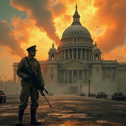 A fallout propaganda style image featuring a soldier in front of a grand historic building against a dramatic sky with an orange and yellow color palette.