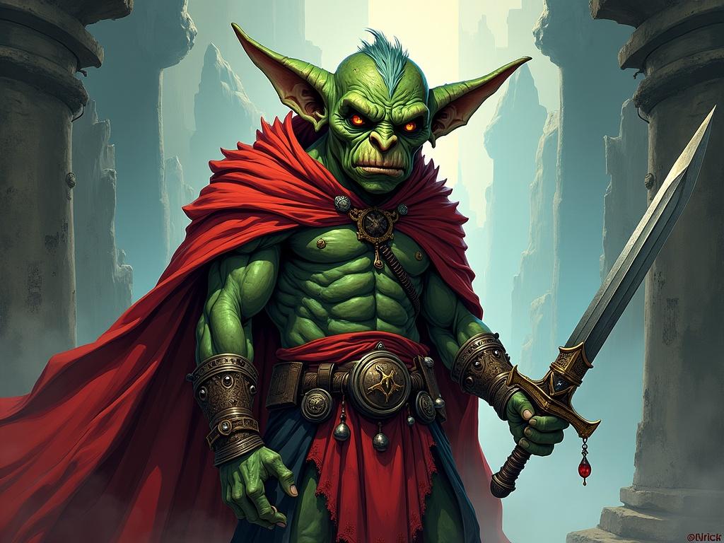 A goblin shaman with distinct features holds a sword and wears a red cloak in a dark fantasy setting. Intricate details enhance the background with an art style inspired by comic books and anime colors. Heavy line work adds depth to the character's design.