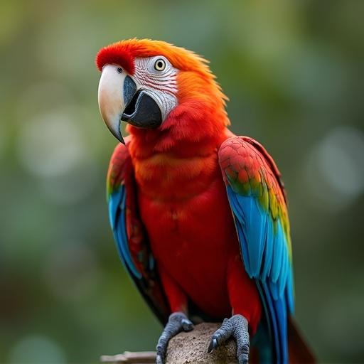 A colorful macaw perched on a branch with vibrant plumage. The bird displays striking red, blue, and green colors. The background is softly blurred, emphasizing the macaw's detailed feathers and facial features.