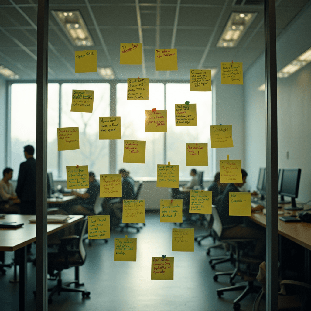 A glass office wall covered with various colorful sticky notes.