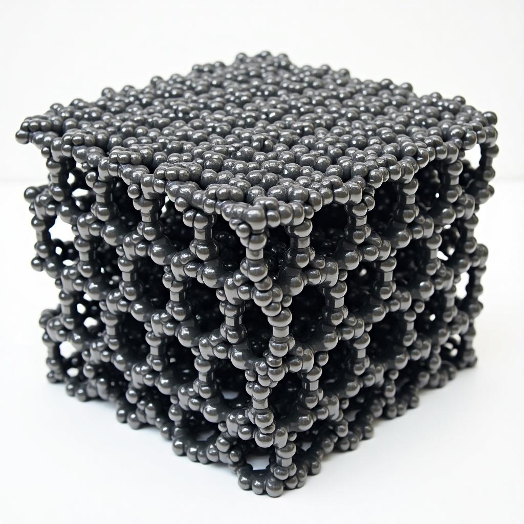 Molecular structure of turbostratic carbon represented in a cube-shaped design with spherical elements connected to form a 3D structure.