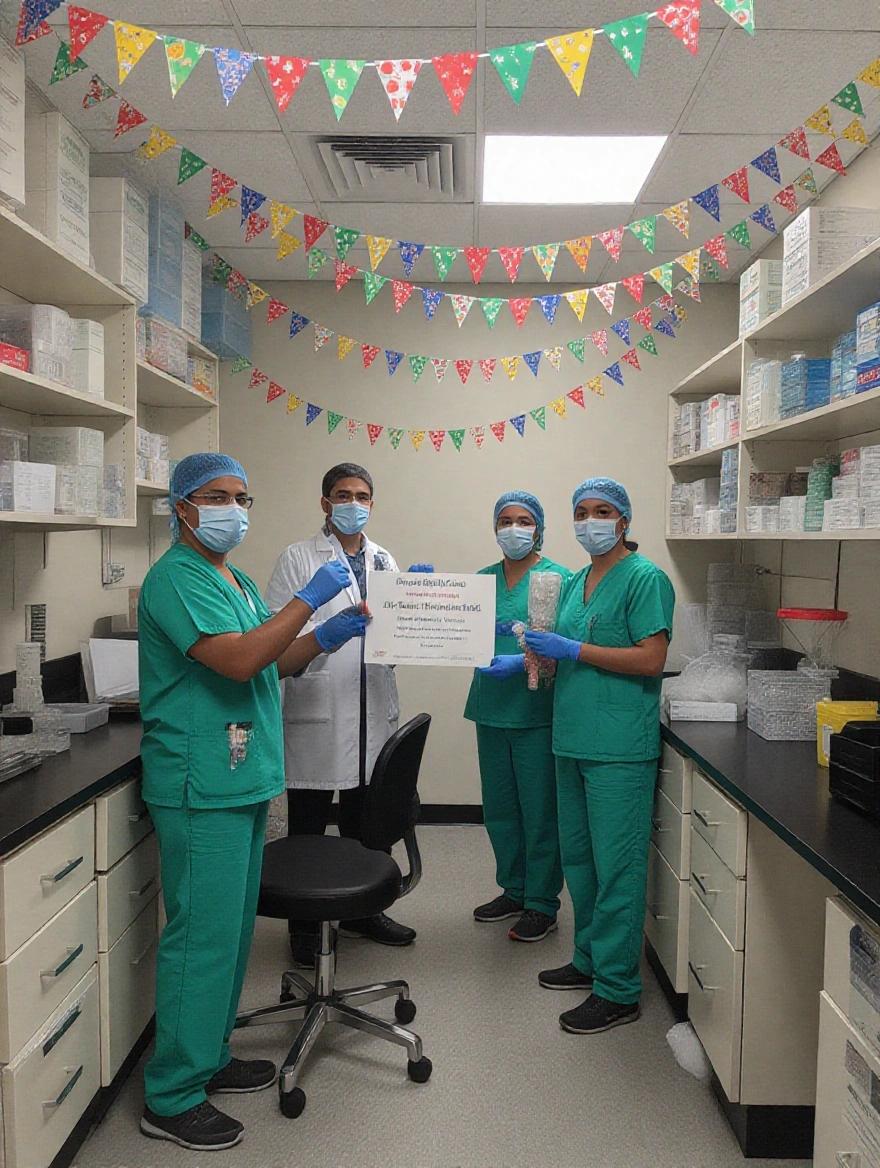 A group of medical laboratory professionals posing in a lab setting. They are wearing scrubs, masks, and gloves. They hold a sign wishing Happy May Day. The lab is organized with shelves of supplies. Colorful banners decorate the background.