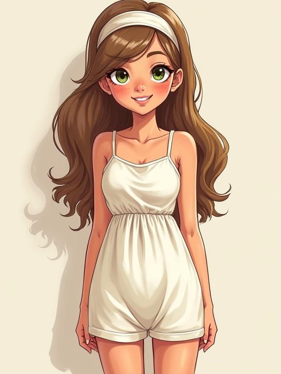 Full body portrait of a female teenager with rosy cheeks and button nose. Features bow lips and green eyes. Has white teeth with a gap in front. Long light brown hair with a headband. Petite slender body, flat chest, tiny waist, small bottom. Wears a sundress.