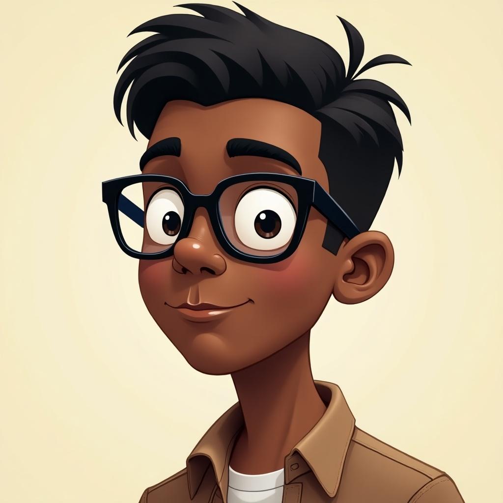 Realistic cartoon character of a young man with stylish glasses and short hair looks forward with calm expression.