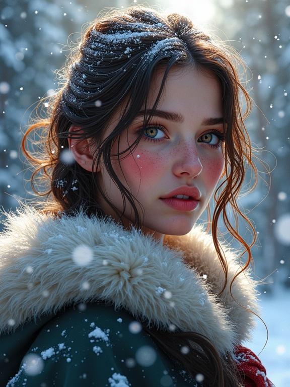 Digital comic book illustration featuring a young woman with rosy cheeks and snow-dusted hair wearing a fur-lined cloak. She gazes directly at the viewer with sparkling eyes. The scene includes dramatic lighting effects, bold silhouette borders, and atmospheric snowflakes.