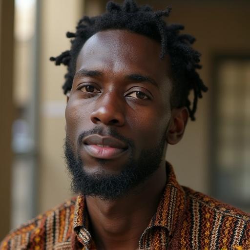 A man with dreadlocks and a confident expression poses in an outdoor setting. He wears a colorful patterned shirt. The focus is on his face while the background is slightly blurred.