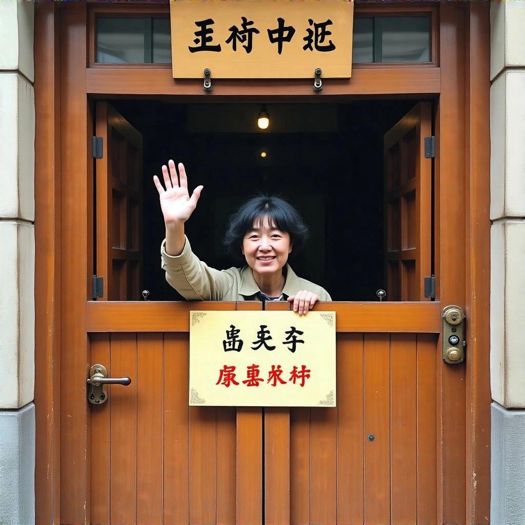 A person is waving from behind a wooden door with a sign in Chinese