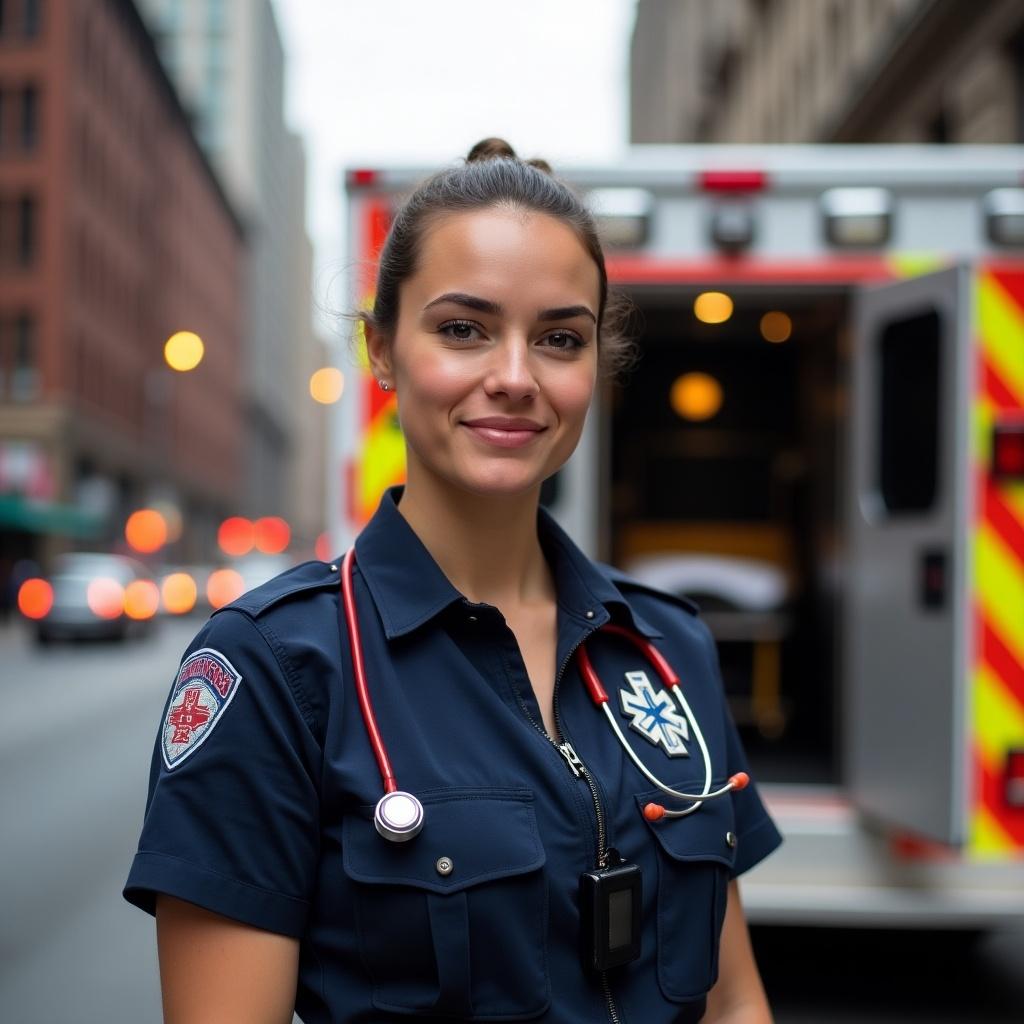 Paramedic in uniform standing by ambulance. The scene depicts a city street environment, showcasing emergency services and signifies readiness to respond.