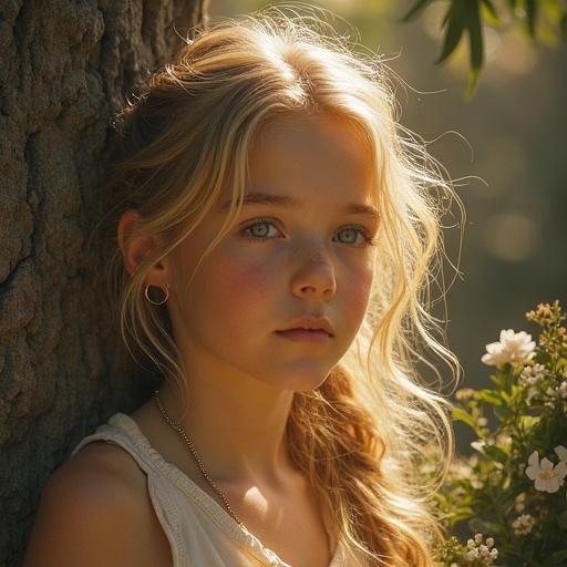 A young girl with flowing hair gazes thoughtfully into the distance. Warm natural lighting highlights her features. She is surrounded by delicate flowers and greenery.