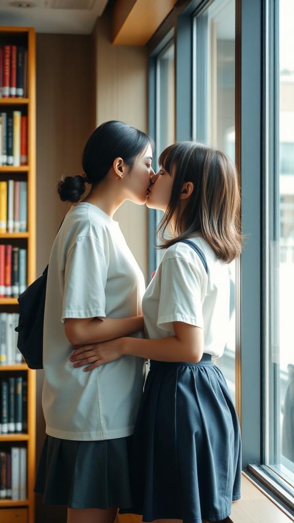 The image captures a heartfelt moment between two young women standing by a window in a library. They are sharing a gentle kiss, their expressions conveying warmth and affection. The soft natural light streaming through the window complements the intimate atmosphere of the scene.