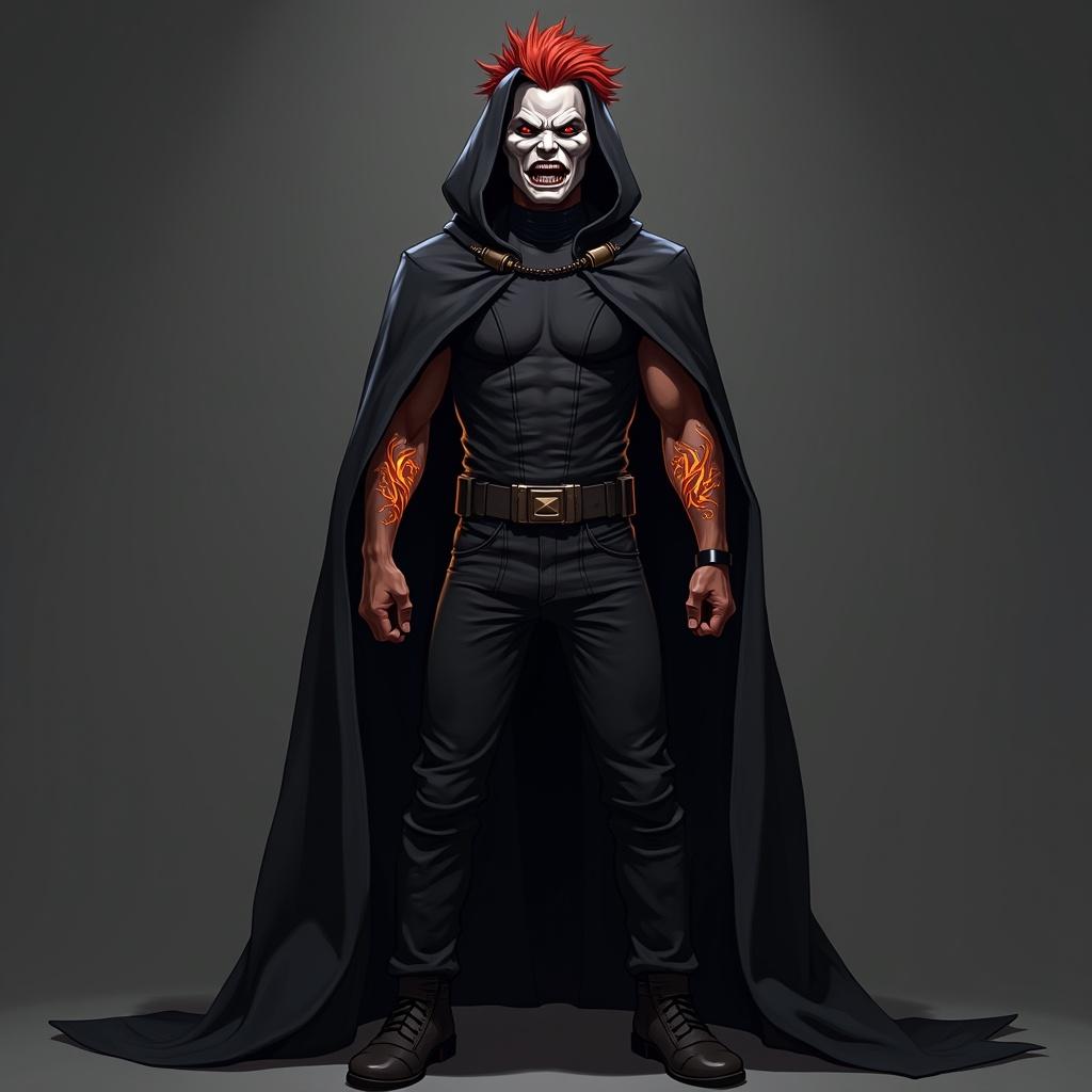 Man in dark outfit. Black cape. Short spiky red hair. Full body. Front view. Angry expression. Glowing tattoos on arms. Very angry fighting character.