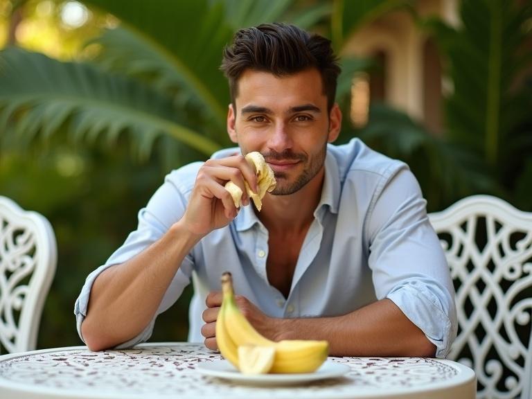 Handsome athletic young man with styled dark hair at white garden table. He wears fitted casual shirt with rolled sleeves. He holds peeled banana near face. Another half-peeled banana on plate. Lush green foliage in background. Table and chairs are white iron. Sunlight enhances his tanned skin. Soft lighting and shallow depth of field in style of fashion photography