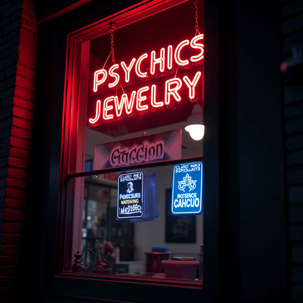 A neon-lit storefront combines psychic services with jewelry offerings.