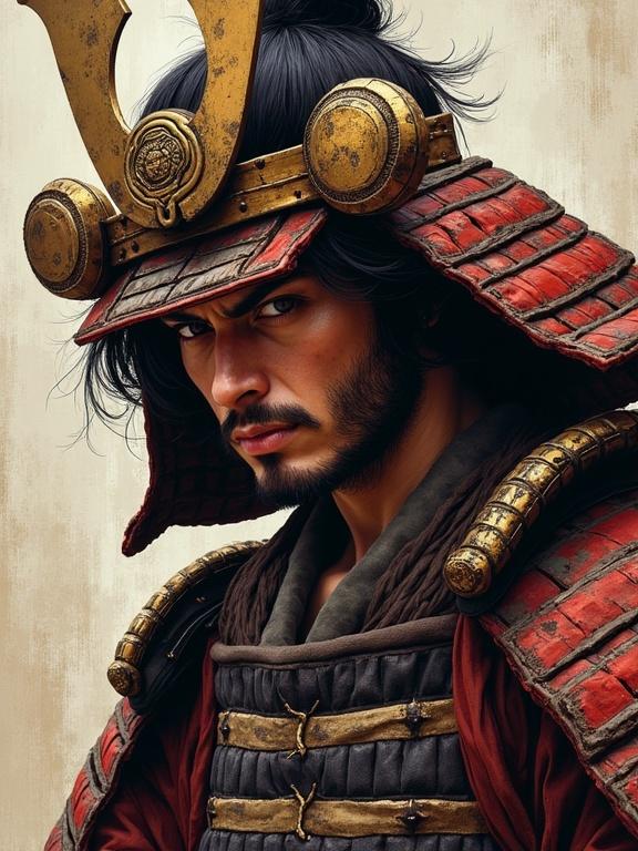 Samurai warrior illustration. Focus on intense expression and detailed armor. Rich textures and traditional elements. Combination of artistic styles from various illustrators.