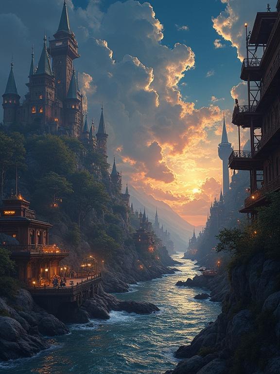 A fantasy landscape featuring a grand castle situated by a winding river. The sun sets behind rugged mountains. Lush greenery surrounds rustic buildings along the riverbank. Epic clouds fill the sky, casting a dramatic atmosphere.